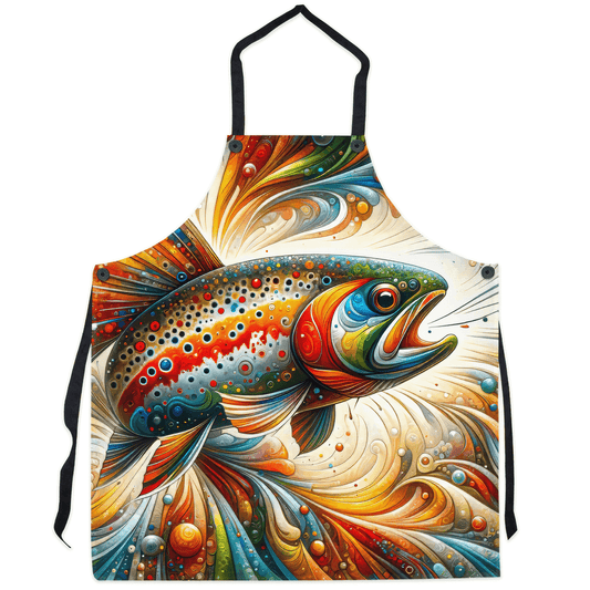 Colorful apron with abstract Brook Trout design in vibrant hues and dynamic shapes.