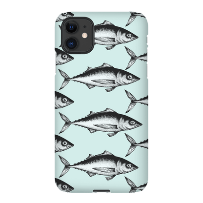 Smartphone case with black and white fish pattern on a light blue background.