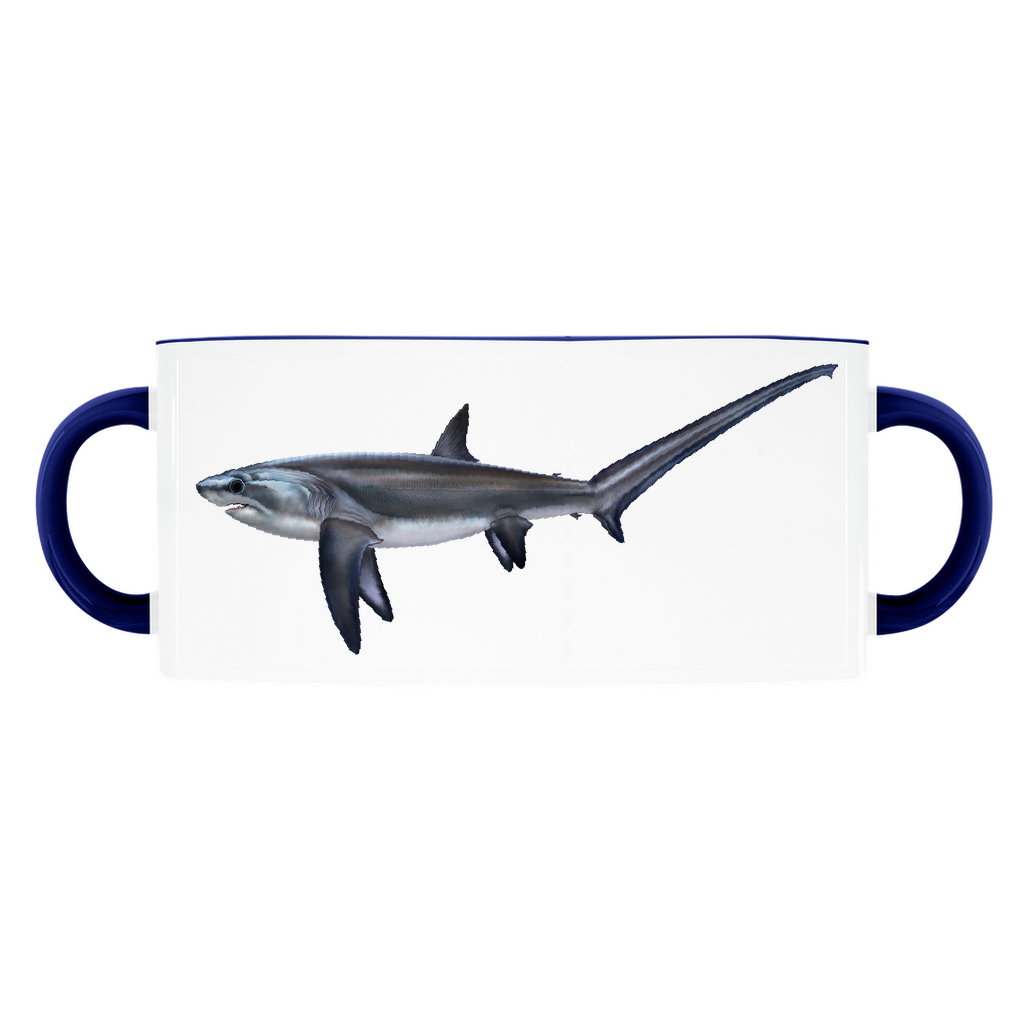 Thresher Shark accent mug with dark blue handle and rim on white background.