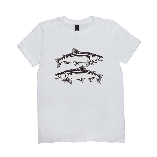 Coho Salmon T-Shirt with black and white fish design, 100% cotton for comfort and durability, perfect for fishing enthusiasts and anglers.