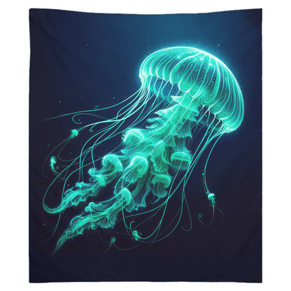 Vibrant glowing green jellyfish wall tapestry adds fish-themed style to any room, made of soft polyester in various sizes.