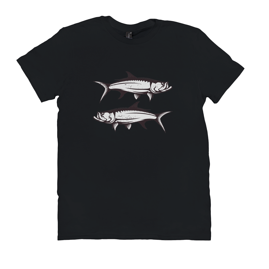 Black Tarpon T-Shirt with dynamic fish design, perfect for fishing and angling enthusiasts, crafted from 100% cotton for comfort and durability.