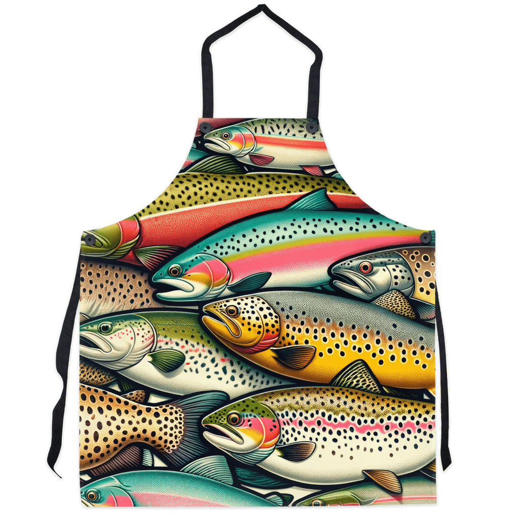 Vibrant Trout-patterned apron with realistic fish design and bold colors.