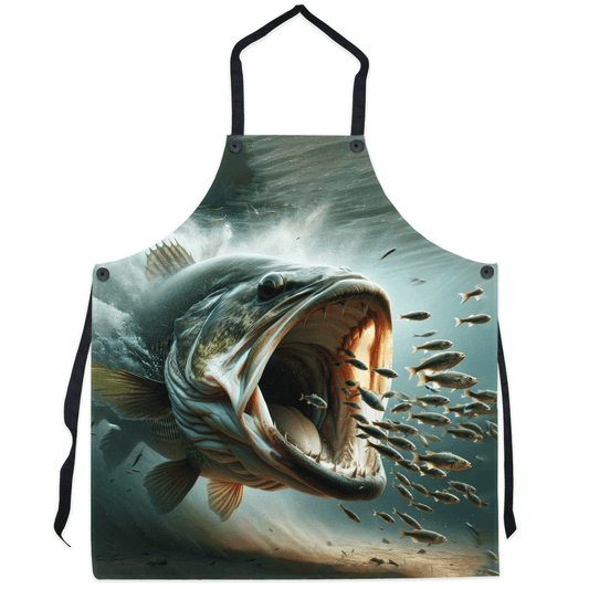 Fun kitchen apron featuring a lively Largemouth Bass illustration, perfect for fishing lovers and cooking enthusiasts.