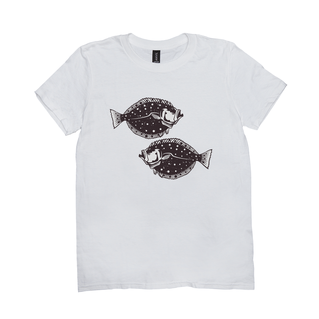 White Flounder T-Shirt featuring black fish design, perfect for fishing and angling enthusiasts. 100% cotton for ultimate comfort.