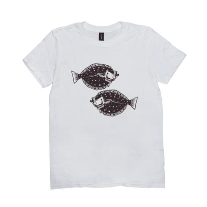 White Flounder T-Shirt featuring black fish design, perfect for fishing and angling enthusiasts. 100% cotton for ultimate comfort.