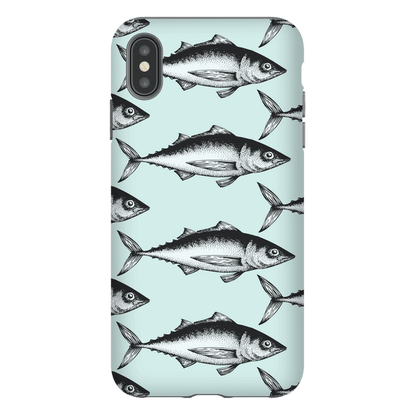 Fish pattern phone case with blue background, featuring black and white fish illustrations.