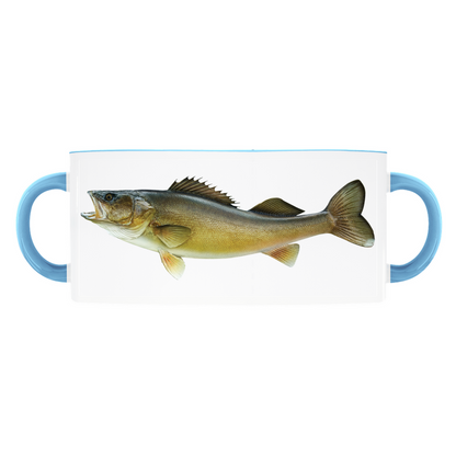 Walleye accent mug with light blue handle and rim on white background.