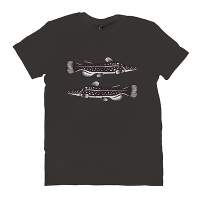 Flathead Catfish T-Shirt with black and white fish design, perfect for fishing and angling enthusiasts.