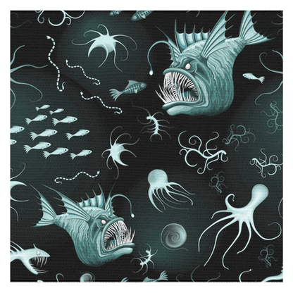 Deep sea anglerfish tablecloth with marine creatures on dark background