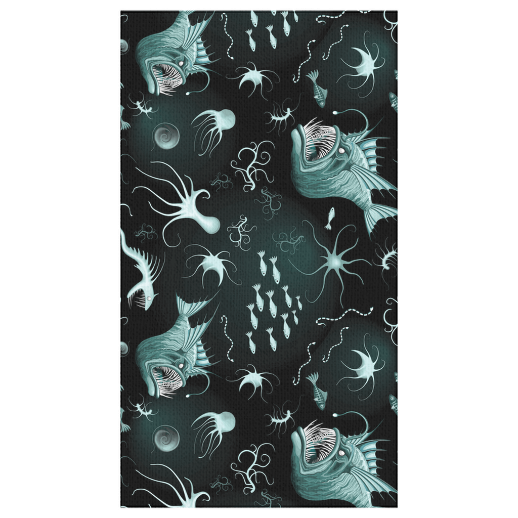 Deep sea anglerfish themed tablecloth with intricate fish and underwater designs on a dark background. Perfect for adding aquatic flair to your dining table.