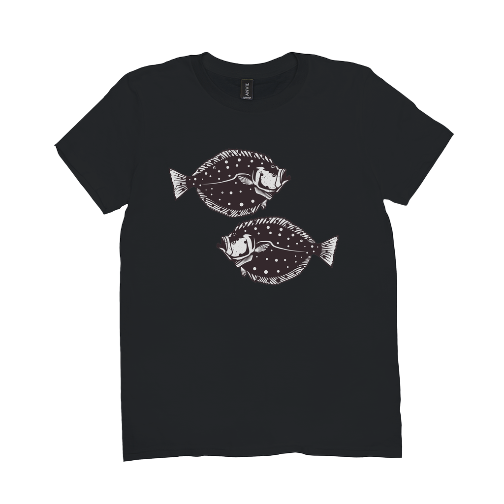 Black Flounder T-Shirt featuring fish design, perfect for fishing and angling enthusiasts, made from 100% cotton.