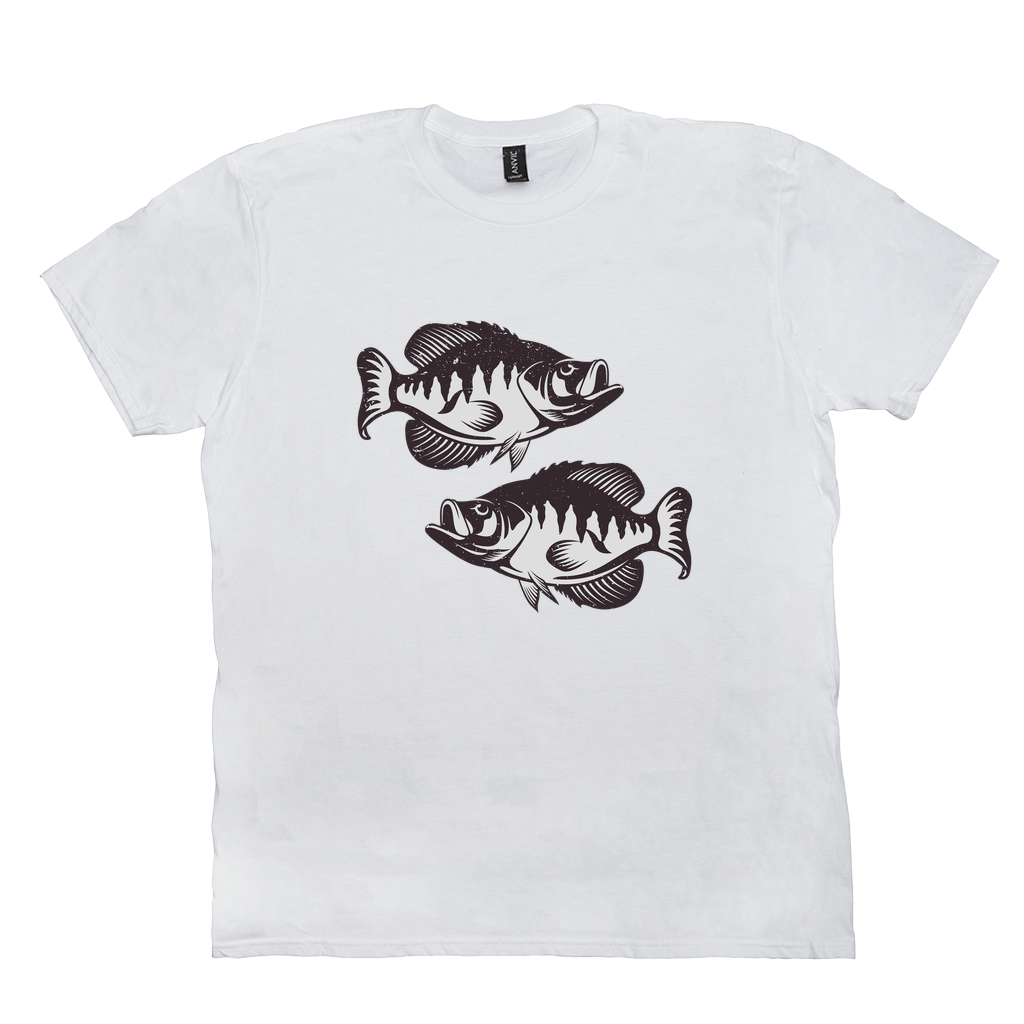 White Crappie T-Shirt with detailed black and white fish design for fishing enthusiasts and anglers, made from 100% cotton.