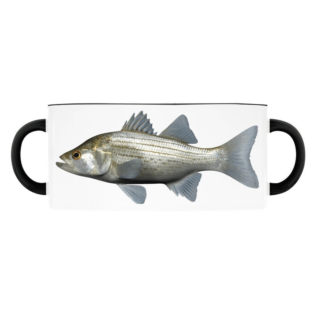 White coffee mug with a lifelike illustration of a striped bass fish and black handles.