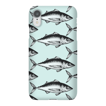 Stylish phone case featuring a pattern of black and white fish on a light blue background.