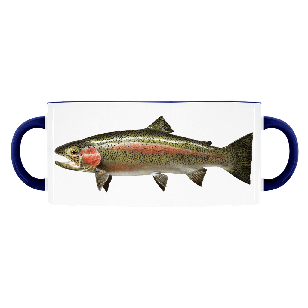 Rainbow Trout accent mug with dark blue handle and rim on white background.