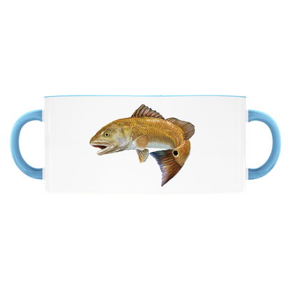 Red Drum accent mug with light blue handle and rim on white background.
