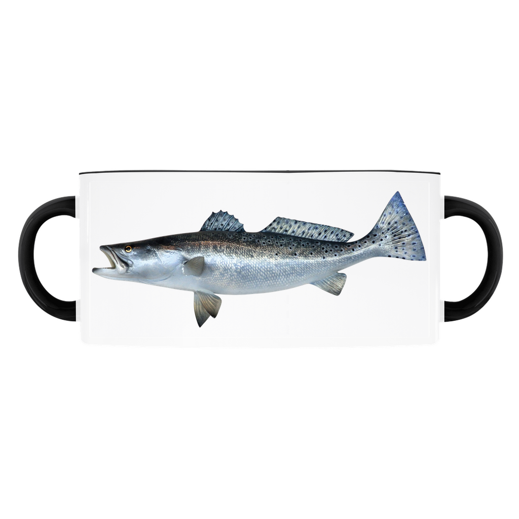 Spotted Seatrout accent mug with black handle and rim on white background.