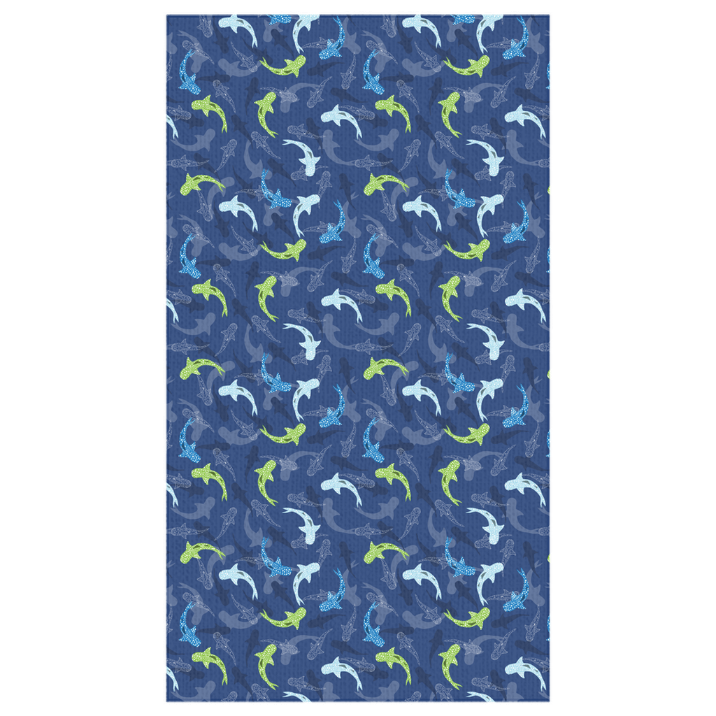 Reef Sharks Design tablecloth with blue background and colorful sharks pattern, perfect for adding a coastal touch to your dining area.