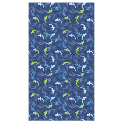 Reef Sharks Design tablecloth with blue background and colorful sharks pattern, perfect for adding a coastal touch to your dining area.