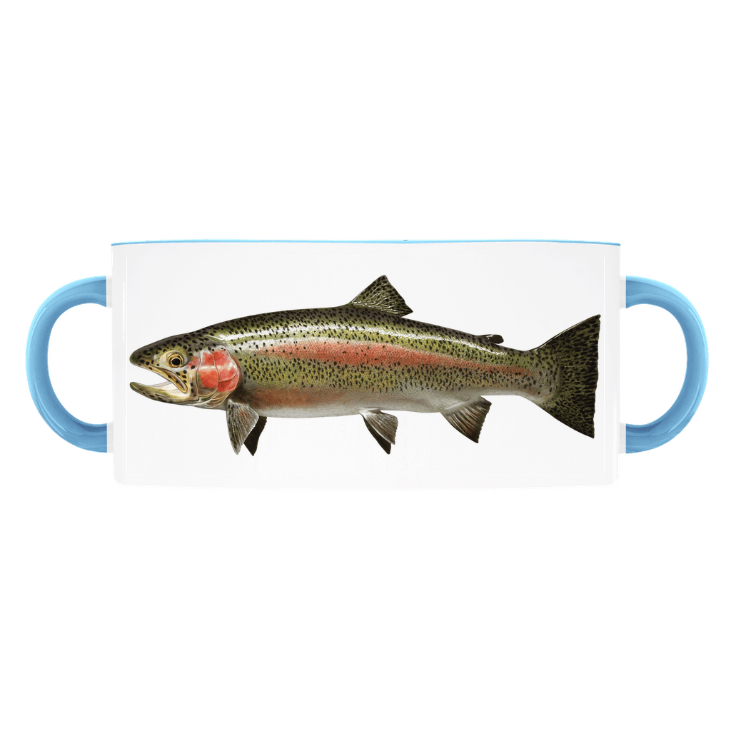 Rainbow Trout accent mug with light blue handle and rim on white background.