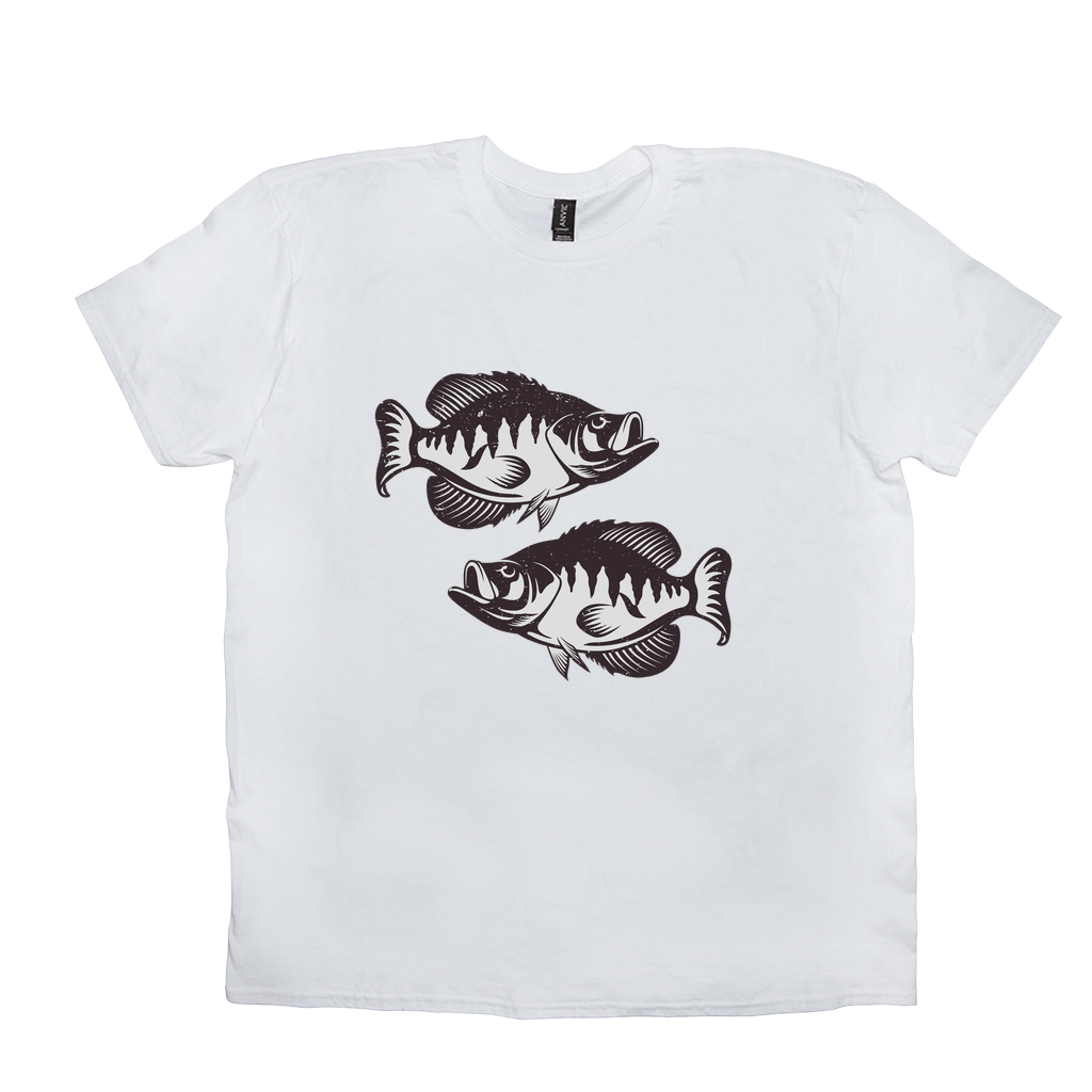 White Crappie T-shirt with detailed black and white sport fish design, perfect for fishing enthusiasts and anglers.