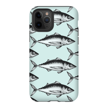 iPhone case with black and white fish pattern on light blue background