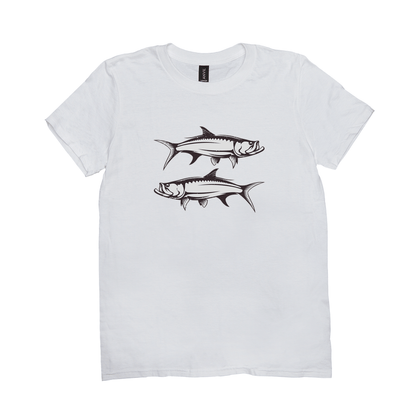 White Tarpon T-Shirt with black and white fish design showcasing dynamic angling spirit, perfect for fishing enthusiasts.