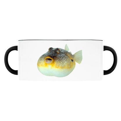 White mug with a handle featuring a vibrant pufferfish design in the center, showcasing aquatic charm and quirky style.