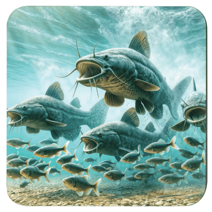 Catfish-themed drink coaster showing a lively underwater scene, part of the cool fish drink coasters set.