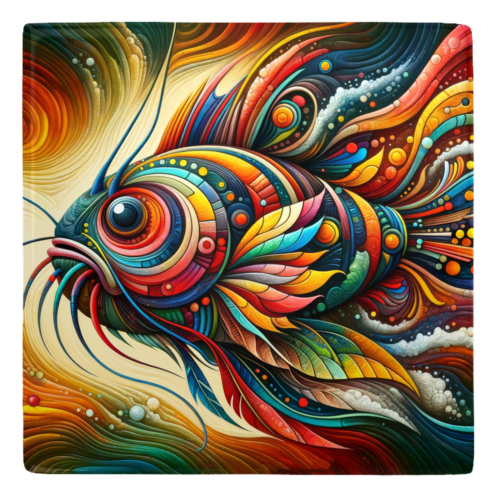 Abstract catfish art with vibrant colors on a metal magnet