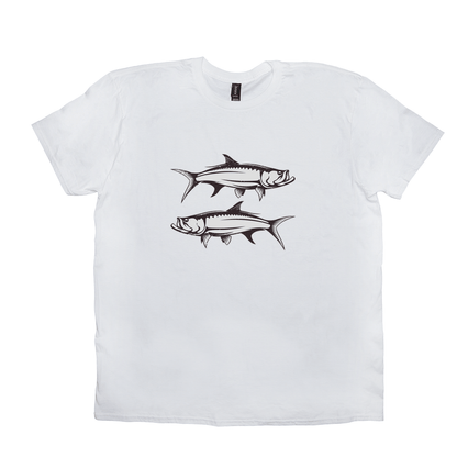 White T-shirt with black and white Tarpon fish design for fishing enthusiasts, made from 100% cotton, celebrating the iconic game fish.