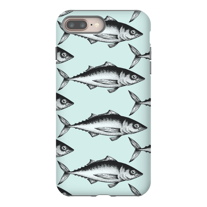 Blue phone case featuring a pattern of black and white fish swimming in alternating directions