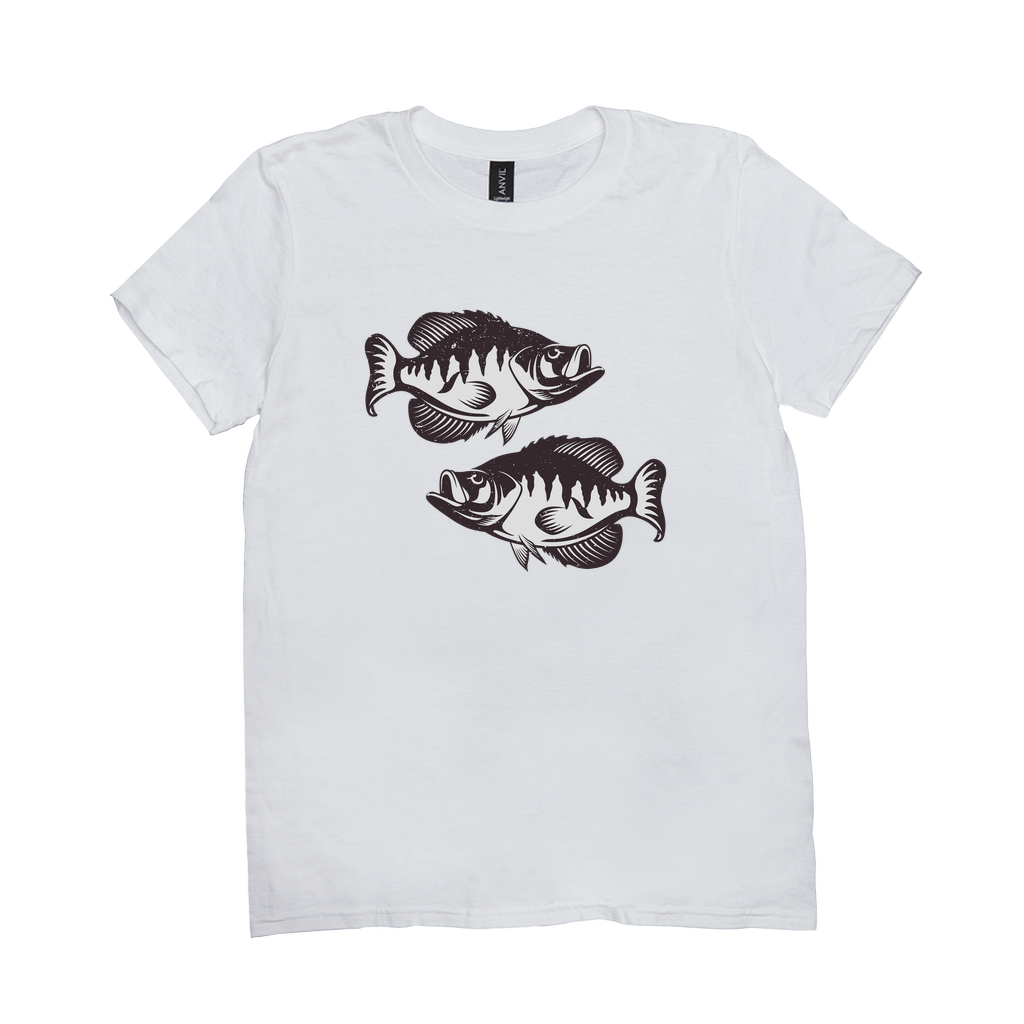 White Crappie fishing T-shirt with black and white fish design, perfect for angling enthusiasts and outdoor adventures.