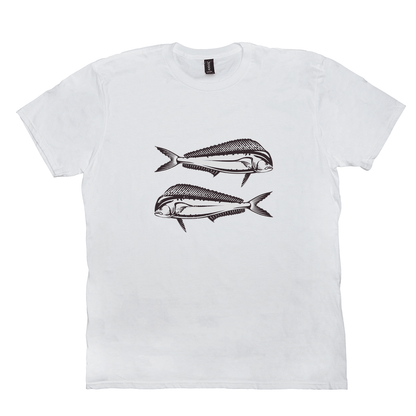 White Mahi-Mahi T-Shirt with black fish design, perfect for fishing and angling enthusiasts. 100% cotton, artistic sea creatures.