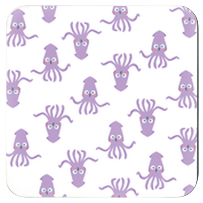 Cute purple octopus design on a square coaster, perfect for a colorful drink coaster set.