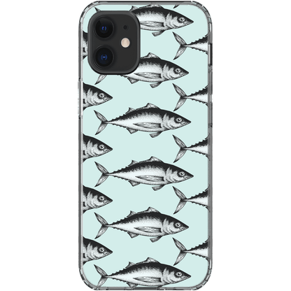 iPhone case with a pattern of black and white fish on a light blue background