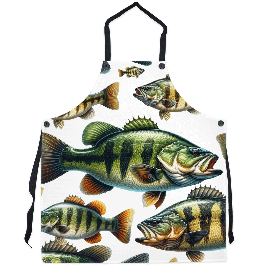 Apron featuring colorful, realistic Largemouth Bass fish print, perfect for fishing enthusiasts in the kitchen or at BBQ gatherings