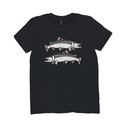 Black Coho Salmon T-Shirt with white fish design for fishing enthusiasts