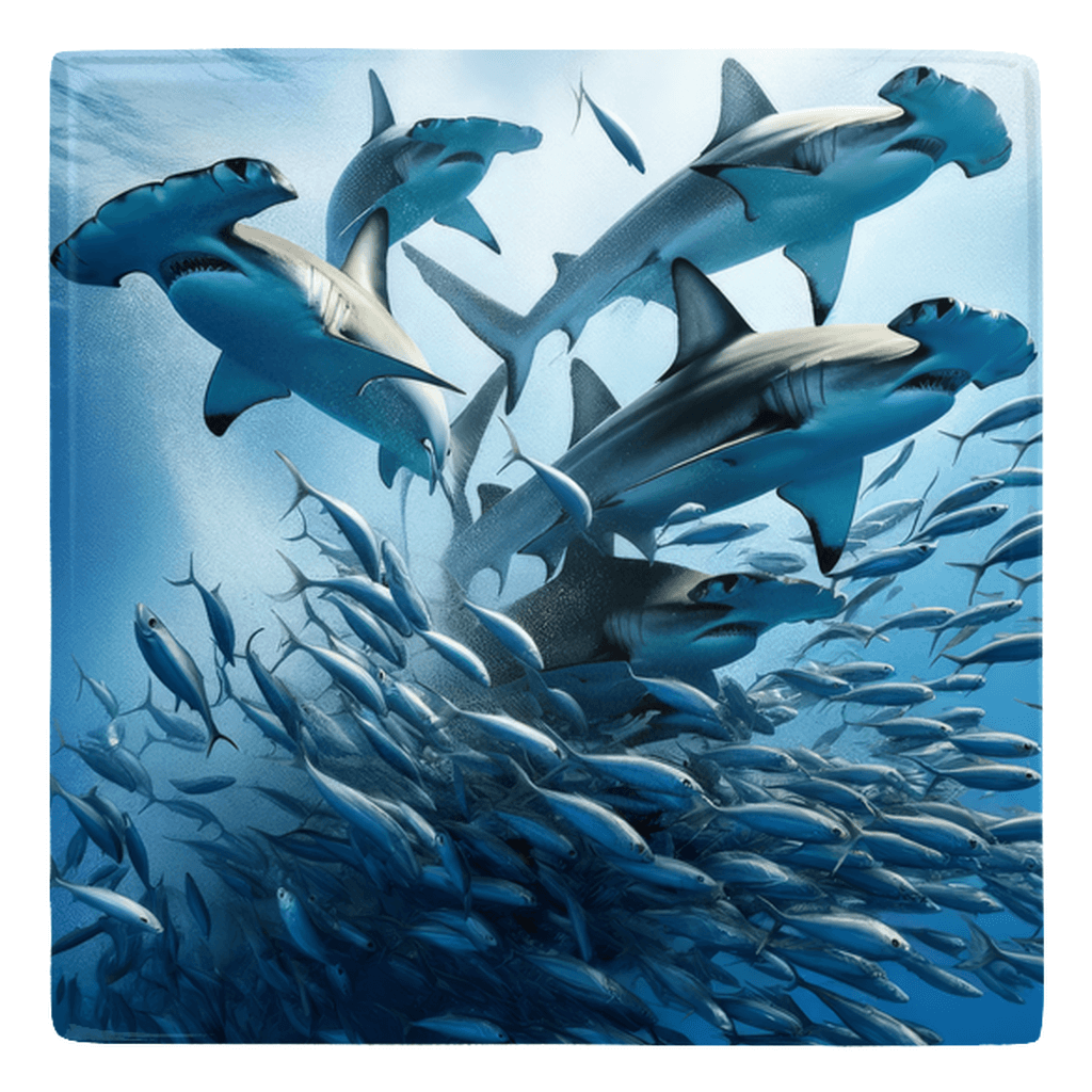 sharks feeding with fish, metal magnet showcasing the ocean's intensity for unique fish décor