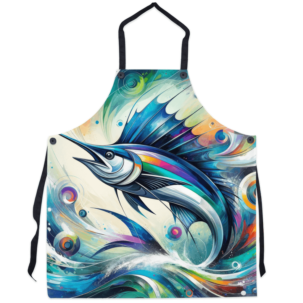 Colorful abstract Marlin design apron with vivid, psychedelic ocean theme.