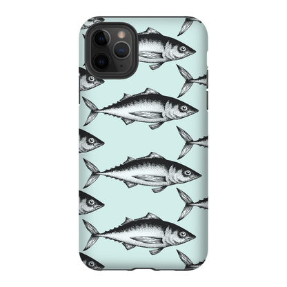 Light blue phone case with black fish pattern design for smartphones.