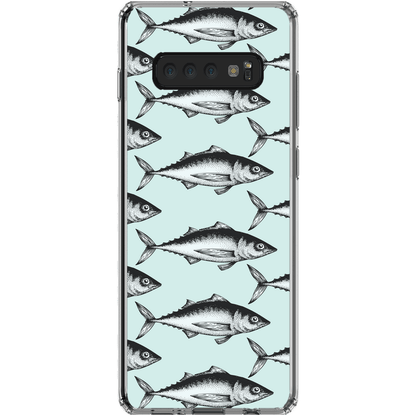 Clear phone case with vintage fish pattern on light blue background for Samsung Galaxy S10 Plus.