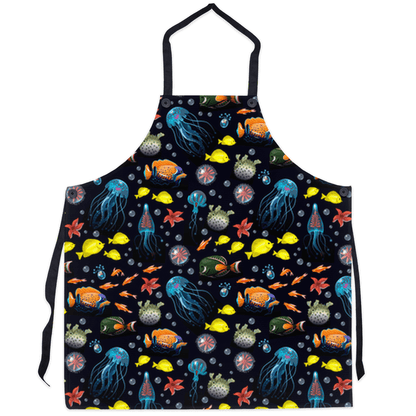 Dive into culinary adventures with a vibrant deep sea fish and jellyfish apron, showcasing ocean life designs in brilliant colors.