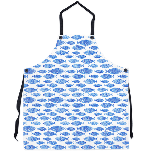 Blue fish decor apron with vibrant ocean-themed design against a white background, perfect for seafood lovers and marine enthusiasts.