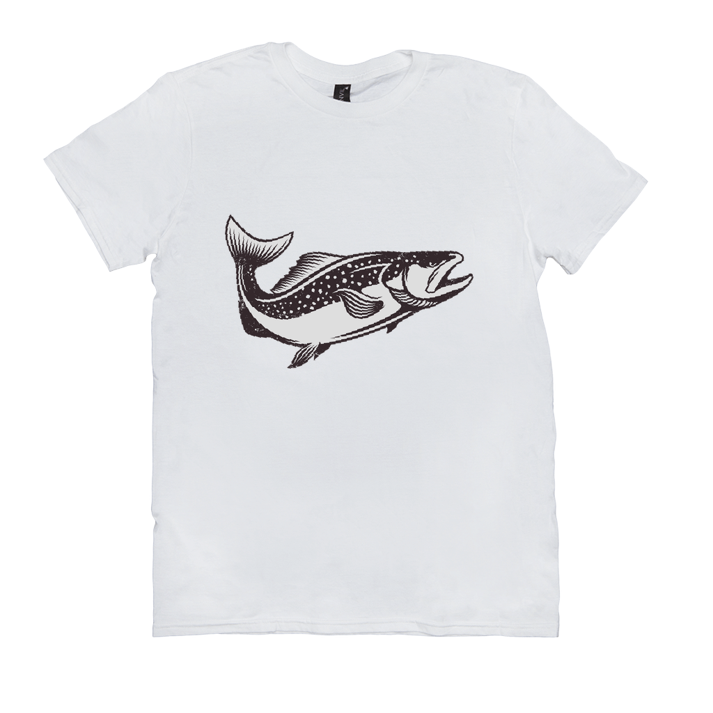 Trout T-Shirt with black and white trout design, perfect for fishing and angling enthusiasts or nature lovers.