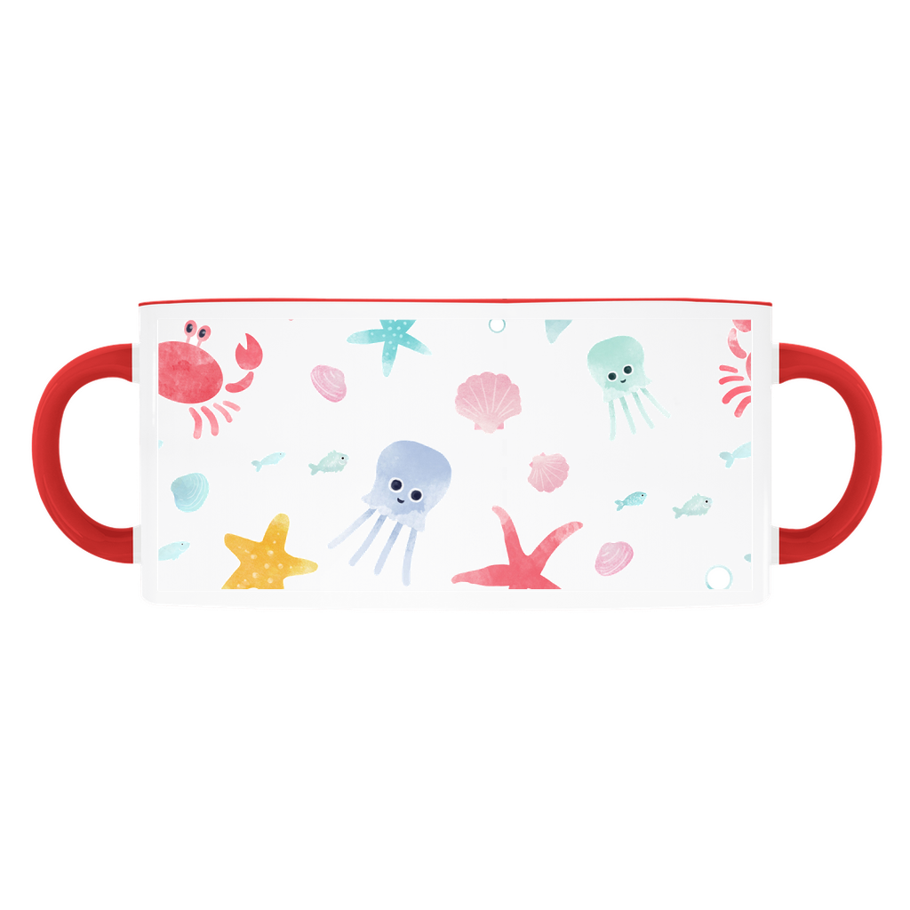 Watercolor Sea Creatures mug on a light blue background, with a pink handle and rim.