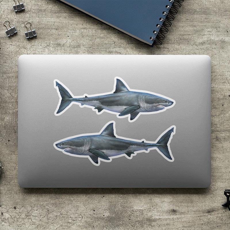 Great White Shark stickers on a laptop.