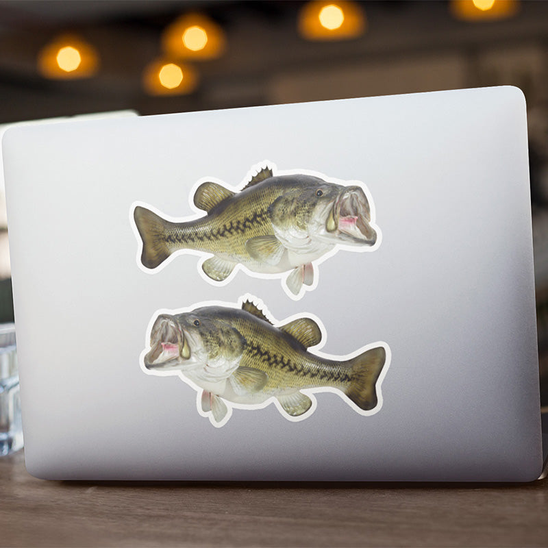 Largemouth Bass stickers on a laptop.