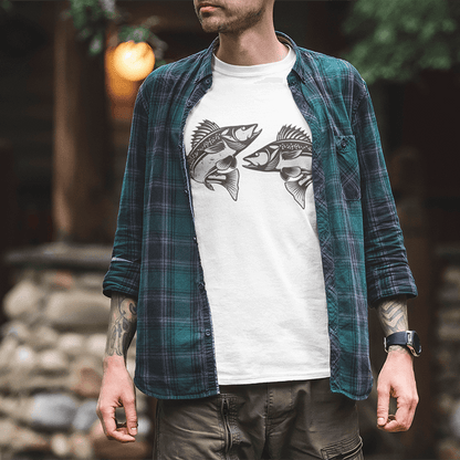 Man wearing a Walleye T-Shirt with black and white fish design, showcasing angling and fishing themes.